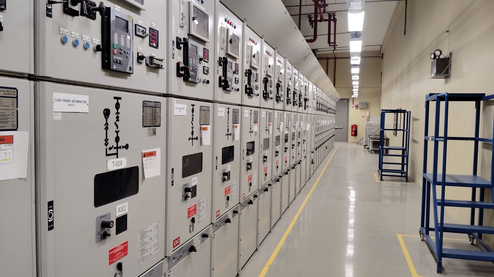 Industrial electrical control room with switchgear and control panels